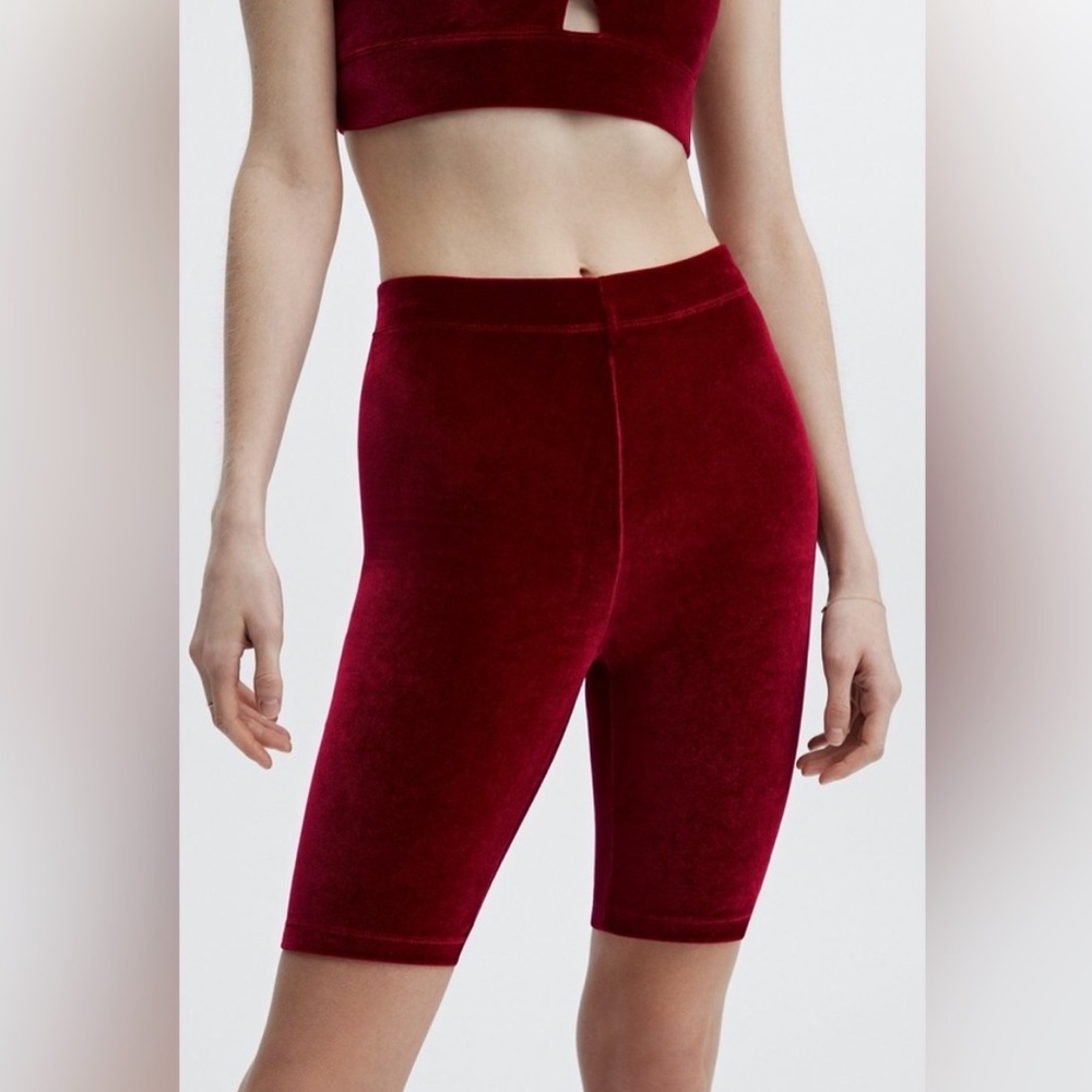 Fabletics Deep Pink Red Velour 9” Bike Shorts - Picture 6 of 15